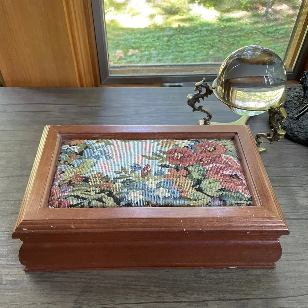 Vintage Tapestry and Wooden Pink Velvet Lined Jewelry Trinket Storage Box